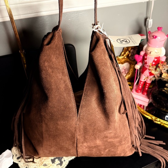 Divina Firenze Suede Fringe Hobo Bag Brown Made in Italy NWT - Picture 2 of 12